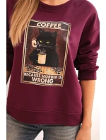 Dámská bavlněná mikina s potiskem kočky a nápisem švestková