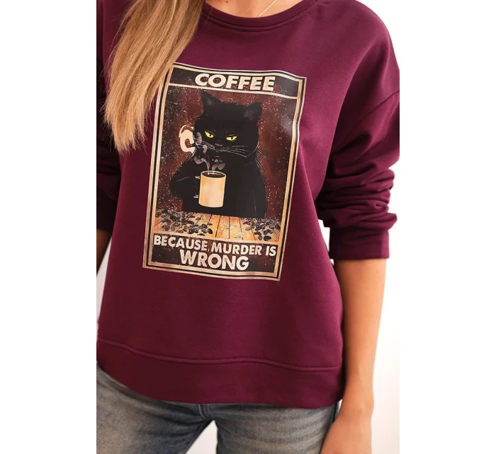 Dámská bavlněná mikina s potiskem kočky a nápisem švestková