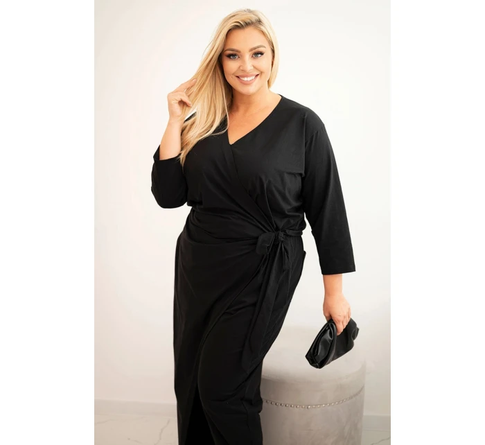 Dámský bavlněný overal Plus Size s vázáním v pase a 3/4 rukávem černý