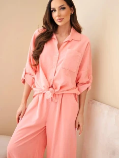 Dámský bavlněný komplet s košilí a širokou nohavicí model 22015460 - K-Fashion