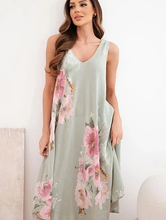 Dámské bavlněné oversize šaty s výstřihem do V a květinovým potiskem khaki