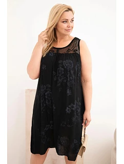 Dámské šaty Plus Size z viskózy s květinovým vzorem a krajkovým vrškem černá