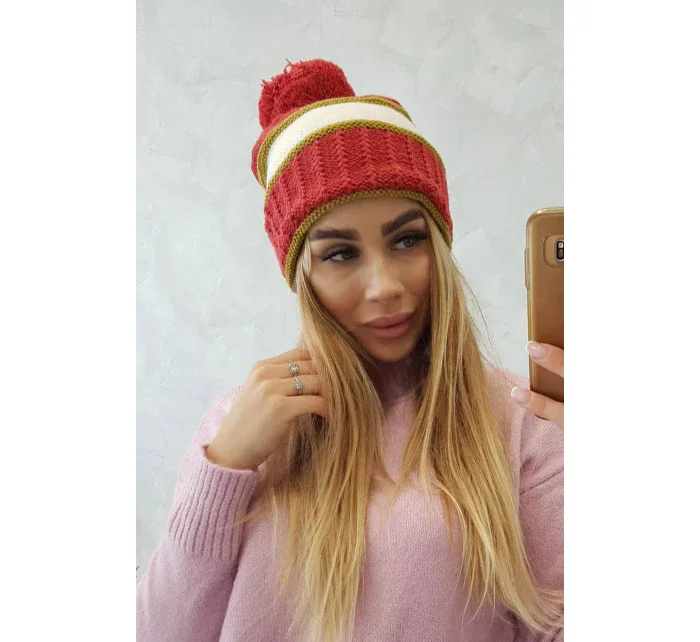 Dámská čepice Kinga K297 rudá+světlá khaki+ecru Dámská čepice Kinga K297 rudá+světlá khaki+ecru