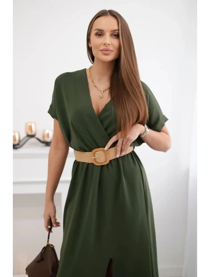 Dlouhé šaty s ozdobným páskem khaki barvy