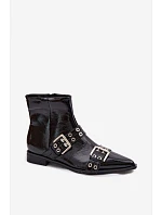 Lakované dámské kotníkové boty na plochém podpatku s pásky a přezkami Černé model 22039906 - Boto