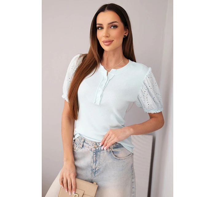 Dámská bavlněná žebrovaná halenka s nabíraným rukávem a knoflíky světle mátová