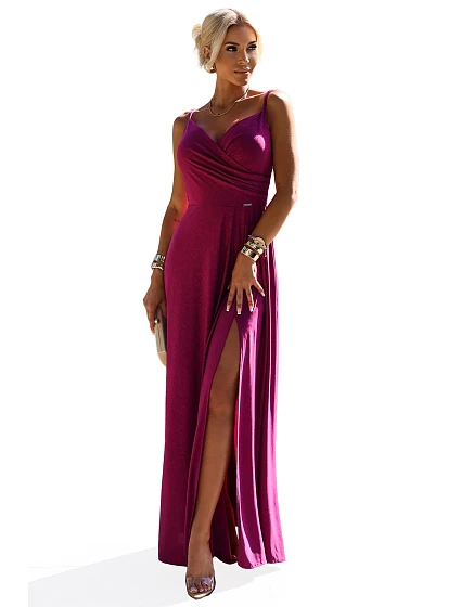 CHIARA Elegantní dlouhé dámské maxi šaty ve fuchsijové barvě s brokátem na ramínkách model 20106506 - numoco CHIARA Elegantní dlouhé dámské maxi šaty ve fuchsijové barvě s brokátem na ramínkách model 20106506 - numoco