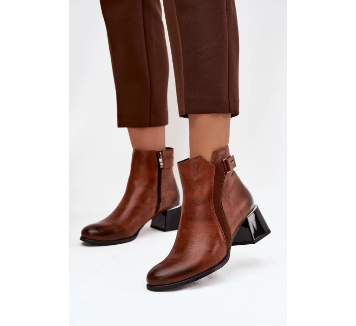 Kožené dámské boty na podpatku s vyhříváním Zazoo 60563 hnědé