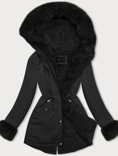 Krátká černá zimní bunda parka s kožešinovou podšívkou (16M9062-392)