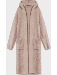Dlouhý béžový vlněný přehoz přes oblečení typu alpaka s kapucí (M105-1)