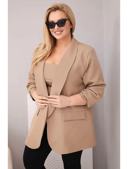 Dámské sako Plus Size elegantní tmavě camelové