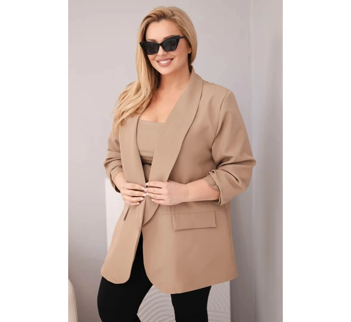 Dámské sako Plus Size elegantní tmavě camelové