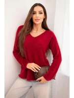 Dámský svetr z měkké pleteniny s výstřihem do V bordový Dámský svetr z měkké pleteniny s výstřihem do V bordový