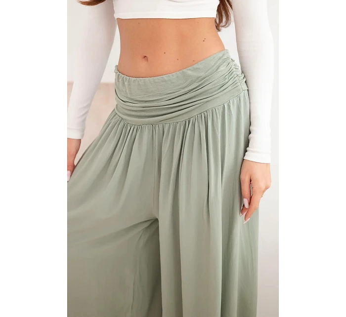 Dámské viskózové kalhoty se širokou nohavicí a řasením khaki