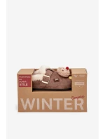 Dámské pantofle s ozdobami a sponou, zateplené kožíškem – hnědé Thalora