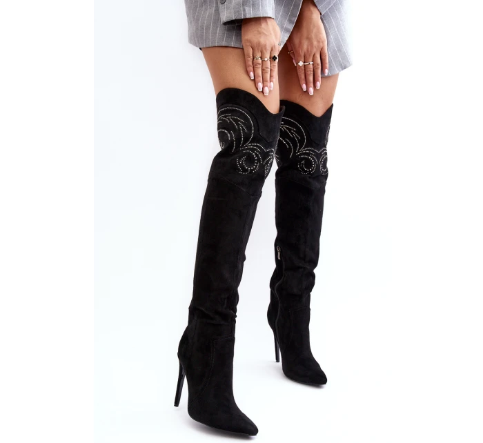 Dámské koleno vysoké boty na podpatku černé model 21638639 - Boto