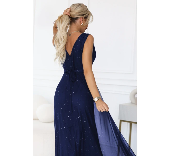 Večerní dlouhé šaty s  a hlubokým výstřihem tmavě modré model 21753485 - numoco basic