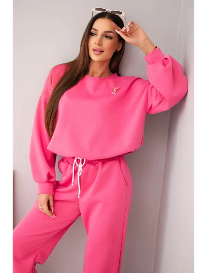 Dámská souprava máslová mikina s broží a kalhoty s rovnými nohavicemi růžový