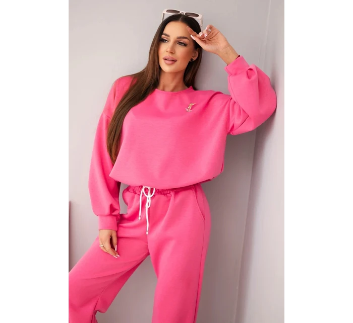 Dámská souprava máslová mikina s broží a kalhoty s rovnými nohavicemi růžový
