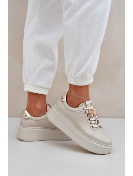 Dámské Kožené Tenisky Na Platformě S Ozdobami model 21683822 Světle Béžové - CheBello