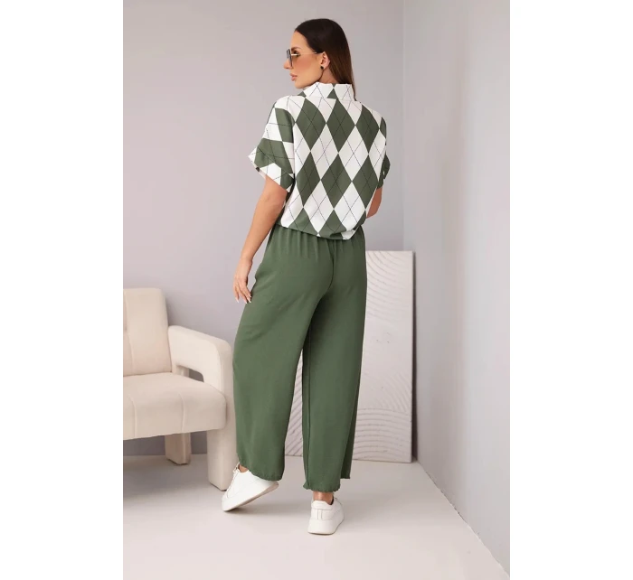 Komplet dámský viskózový košile s vázáním a kalhoty s gumou khaki Komplet dámský viskózový košile s vázáním a kalhoty s gumou khaki