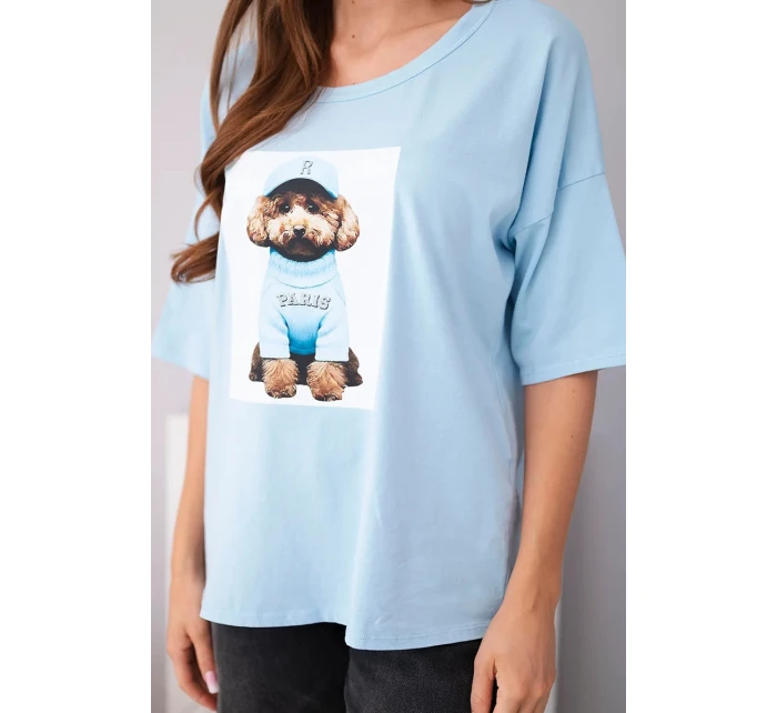 Dámská bavlněná oversize halenka s krátkým rukávem a potiskem modrá