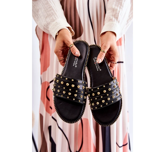 Dámské kožené pantofle s zdobením Černá model 21588465 - S.Barski