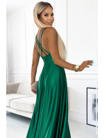 LUNA - Elegantní dlouhé dámské saténové šaty v lahvově zelené barvě s výstřihem a překříženými ramínky 513-1