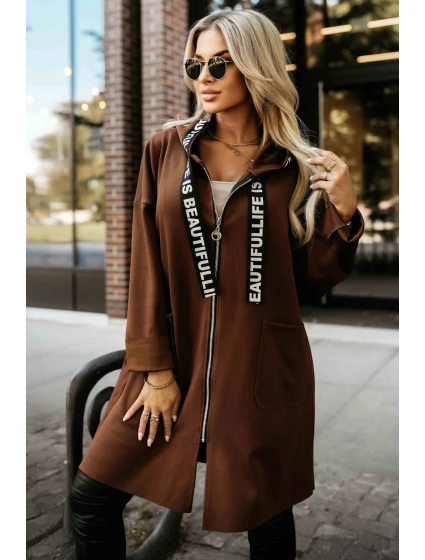 632-2 Ležérní kabát se zipem a módními detaily - čokoládový