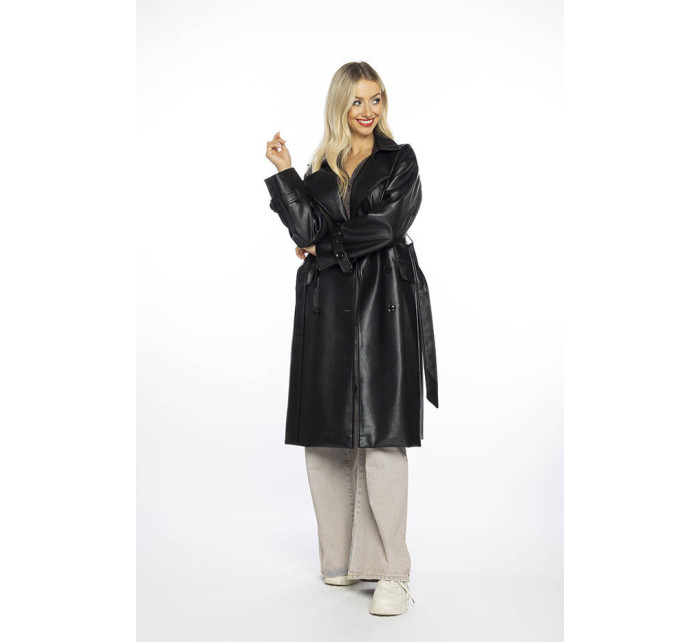 Černý dvouřadový klasický dámský kabát z ekologické kůže AnnGissy (AG6-30)