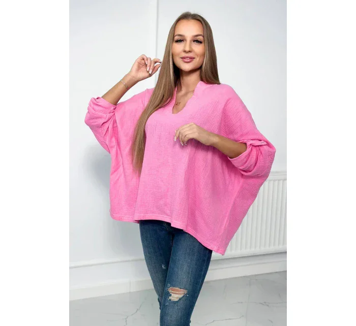 Mušelínová halenka s ohrnutými rukávy tmavě růžová Mušelínová halenka s ohrnutými rukávy tmavě růžová