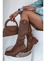 Dámské kozačky s perforovaným vzorem na nízkém podpatku S.Barski HY61-8022 Hnědé