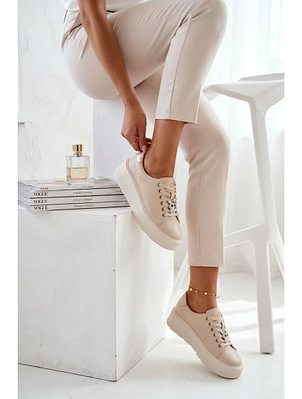 Kožené dámské tenisky na platformě s přezkou Vinceza 39973 Béžové