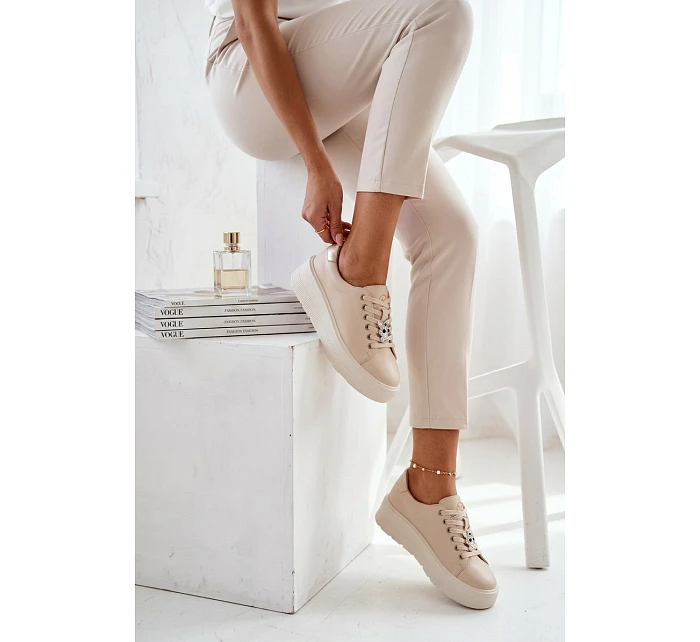 Kožené dámské tenisky na platformě s přezkou Vinceza 39973 Béžové