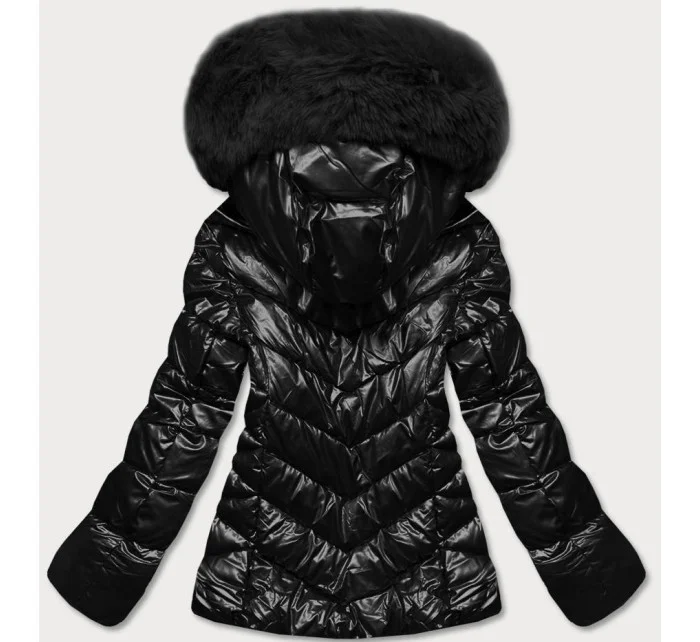 Černá krátká dámská bunda s kožešinou (TY036-1)