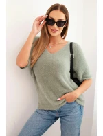 Dámský svetr z měkkého model 21327524 s výstřihem do V krátký rukáv tmavě mátový - K-Fashion Dámský svetr z měkkého model 21327524 s výstřihem do V krátký rukáv tmavě mátový - K-Fashion