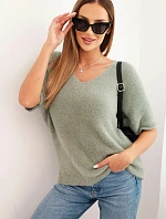 Dámský svetr z měkkého chlupu s výstřihem do V krátký rukáv tmavě mátový