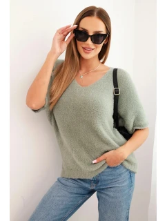Dámský svetr z měkkého model 21327524 s výstřihem do V krátký rukáv tmavě mátový - K-Fashion