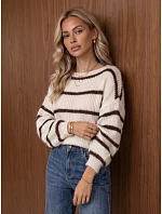 Dámský oversize svetr s pruhy v barvě ecru FashionStreet MY2643 Dámský oversize svetr s pruhy v barvě ecru FashionStreet MY2643