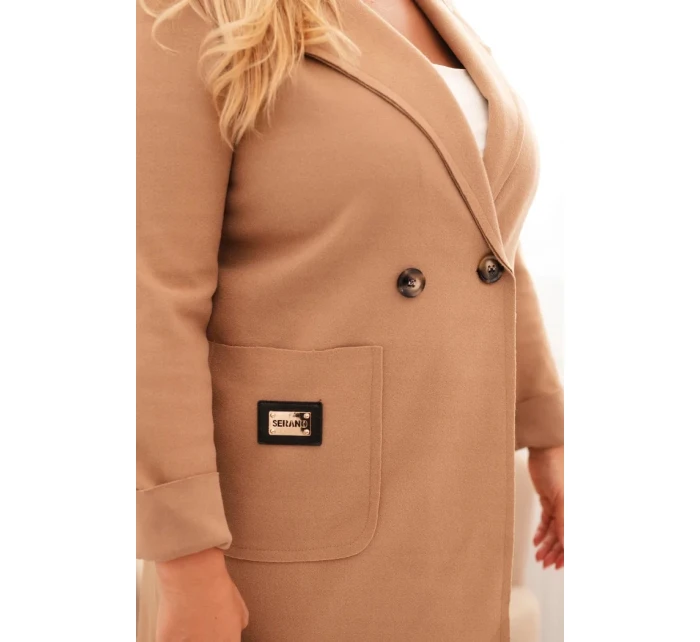 Dámský elegantní kabát Plus Size s límcem a velkými kapsami camelový Dámský elegantní kabát Plus Size s límcem a velkými kapsami camelový