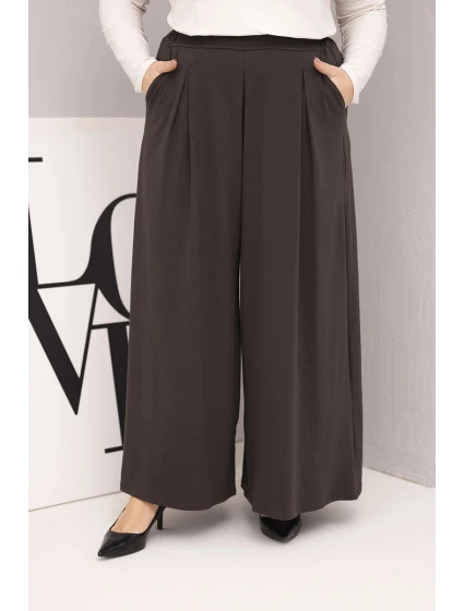 Dámské bavlněné kalhoty Plus Size s širokou nohavicí a volným střihem hnědé Dámské bavlněné kalhoty Plus Size s širokou nohavicí a volným střihem hnědé