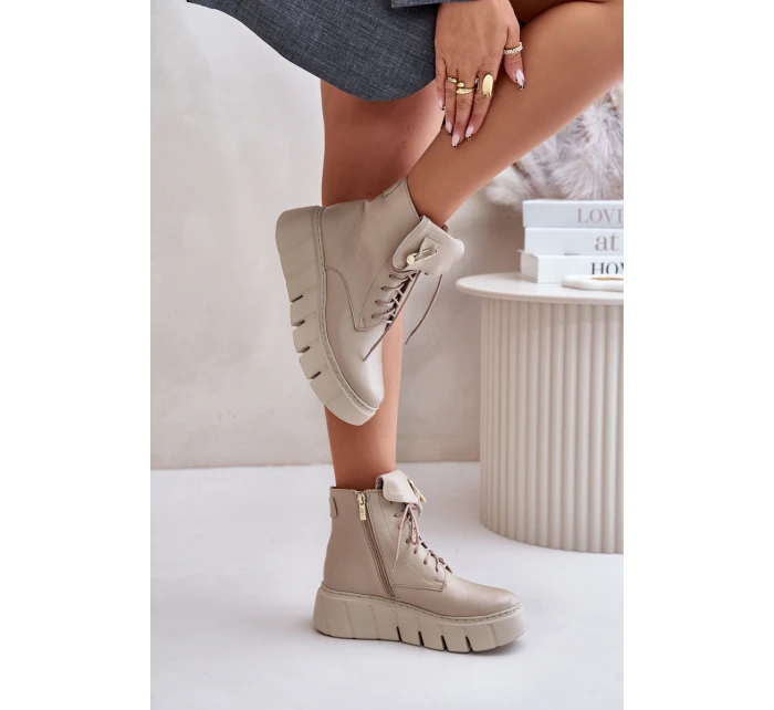 model 21673696 Kožené Boty Dámské Na Platformě Zateplené Béžové - Zazoo