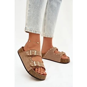 Dámské pantofle se zlatými sponkami a knoflíky Khaki Tervina Dámské pantofle se zlatými sponkami a knoflíky Khaki Tervina