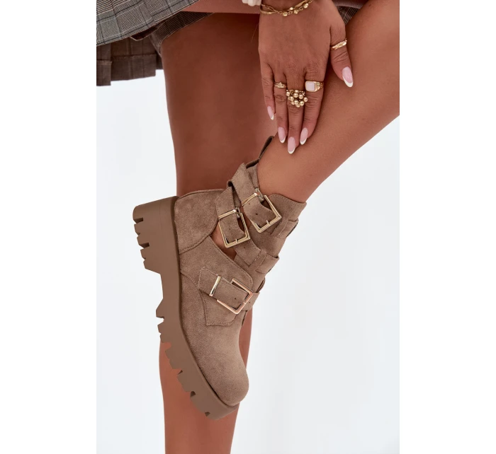 Dámské kotníkové boty s pásky a zlatými přezkami Helisse – béžové