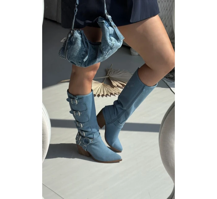 Dámské džínové kozačky kovbojského stylu na podpatku s přezkami Fivelle – jeansové