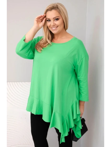 Dámská blůza Plus Size s bavlnou, volánem a ohrnutým rukávem světle zelená