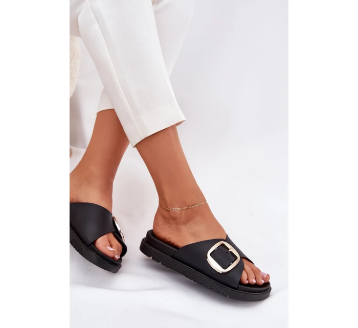 Dámské Pantofle Na Platformě Se Zlatou Přezkou Černé model 21702684 - Boto Dámské Pantofle Na Platformě Se Zlatou Přezkou Černé model 21702684 - Boto