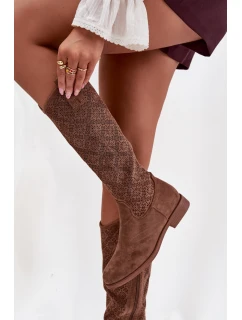 Dámské Kozačky S Vzorem Na Ploché Podpatku S  Hnědé model 21713460 - S.Barski