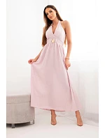 Dámské viskózové maxi šaty vázané na krku s ozdobnou sponou tmavě pudrově růžová Dámské viskózové maxi šaty vázané na krku s ozdobnou sponou tmavě pudrově růžová