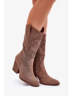 Dámské perforované kozačky ve stylu kovbojek na sloupkovém podpatku S.Barski – hnědé, eko kůže Dámské perforované kozačky ve stylu kovbojek na sloupkovém podpatku S.Barski – hnědé, eko kůže